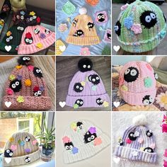 there are many knitted hats with sheeps and flowers on them, all in different colors