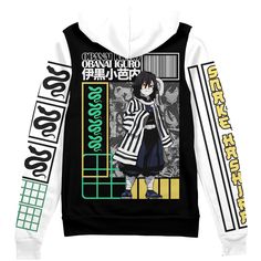 a black and white hoodie with an anime character on the front, in japanese