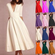 Premium Quality Womens Vintage Deep V Neck Cocktail Dress 3/4 Sleeve Pleated Swing Dress Solid, Women's Dresses Solid Color Half Sleeve Party Dress, Solid Color Half Sleeve Evening Dress, Evening Dress With Half Sleeves, Solid Half Sleeve Midi Dress For Spring, Spring Solid Color Half Sleeve Midi Dress, Summer Formal Dresses With 3/4 Sleeve, Formal Summer Dress With 3/4 Sleeves, Elegant Solid Color 3/4 Length Dress, Fall Party Midi Dress With Half Sleeves