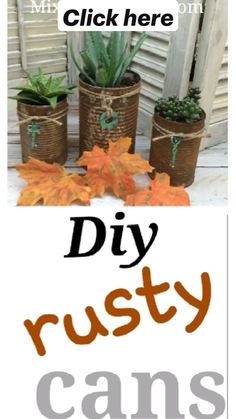 an image of some plants in pots with the words diy rusty cans on them