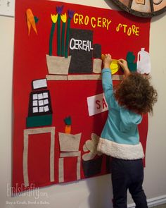 Pattern: Grocery Store Felt Learning Wall Grocery Store Sign | Etsy Felt Learning, Learning Wall, Play Preschool, Felt Boards, Sensory Wall, Felt Wall Hanging, Felt Wall, Decor Market, Amazing Crafts