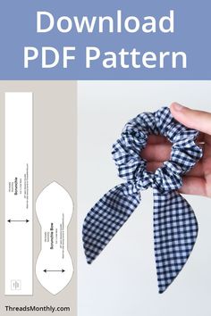 a hand holding a blue and white checkered scrunch with the text, free pattern