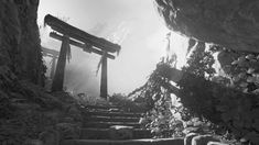 the stairs lead up to an area with large rocks and plants on either side, in black and white