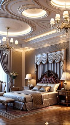 a fancy bedroom with chandelier, bed and chairs