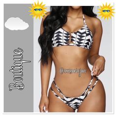 Geometric Halter Low Waist Bikini Set Padded, Wire Free 100% Polyester All Sales Are Final, Please Ask Questions Before Purchasing Comes From A Pet Free Smoke Free Home Trendy Fitted Triangle Top Tankini, Ladies Boutique, Womens Swim, Boutique, Black And White, Women Shopping, Black