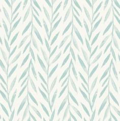 a blue and white wallpaper with leaves on the side, in an abstract pattern