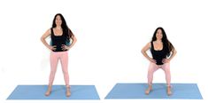 a woman is standing on a yoga mat with her hands on her hips