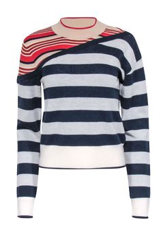 Behold, the "Sheradin" sweater from Veronica Beard - a playful pullover that boldly mixes navy, ivory, red, and beige stripes to catch your eye. This lightweight merino wool blend is perfect for transitional looks, with a contrasting shoulder panel for added fun. Turn heads in this quirky piece when you pair it with navy trousers and a strappy platform sandal. Size S 95% Merino Wool, 4% Nylon, 1% Spandex Pullover Mock neckline Drop shoulder Bust 35.5" Waist 32" Shoulder to hem 22" Sleeve length 26.5"