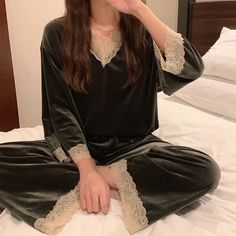 Color: Green, Size: XL Velvet Pajamas, Home Clothes, Suit Style, Sleepwear Sets, Princess Style, Outfit Style, Trouser Suits, Two Piece Set, Night Outfits