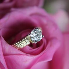 a diamond ring sitting on top of a pink rose