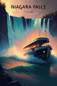 a large boat traveling down a river next to a waterfall with the word niagara on it