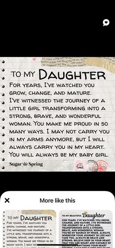 an old paper with the words to my daughter on it and another piece of paper that says