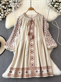 DETAILS: Please refer size chart before choosing. Embroidery details. Straight silhouette Material composition: Synthetic fiber Product code: 123723 SIZE CHART: Size: S-L Bust: 42.5" Sleeve:25" " Length: 37" Cream Floral Embroidered Dress For Fall, Embroidered Beige Fall Dresses, Fall Embroidered Beige Dress, White Peasant Embroidered Long Sleeve Dress, Beige Embroidered Long Sleeve Dress, Long Sleeve Embroidered Beige Dress, White Long Sleeve Peasant Embroidered Dress, Fall Multicolor Embroidered Long Sleeve Dress, Fall Long Sleeve Dresses With Multicolor Embroidery