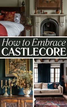 A cozy room inspired by castlecore, featuring grand arches, antique furniture, and rich textures, blending the castlecore aesthetic with medieval interior and elegant vintage style for a timeless vintage interior look.