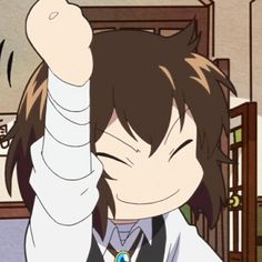 an anime character with long brown hair raising his hand