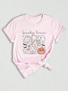 Rosa Casual Collar manga corta Algodón Animal,Dibujos animados,Color combinado,Figuras,Geométrico,Letras,A rayas,Plantas  Embellished Nurse Pumpkin, Second Grade Shirt, Nurse Halloween Shirt, Teacher Wardrobe, Nursing Shirt, Nurse Halloween, Halloween Nurse, School Tees, Gift For Nurse