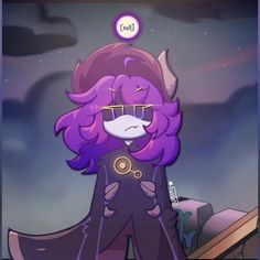 a cartoon character with purple hair and glasses standing in front of a dark sky background