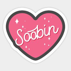 a pink heart shaped sticker with the word sobin in white lettering on it