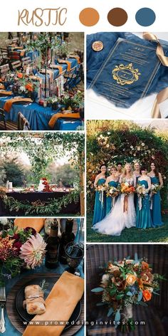 a collage of photos with blue and orange wedding color palettes, including the bride's bouquet