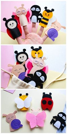 hand puppets made out of felt are being held by children's hands with different shapes and sizes