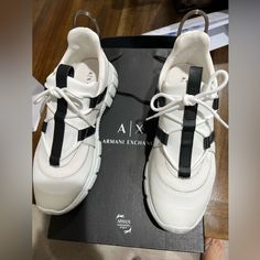 Brand New Armani Exchange Women Shoes Size 9 Designer White Synthetic Sneakers, Chic White Flat-heeled Sneakers, Chic White Sneakers With Rubber Sole, Chic White Low-top Sneakers, Armani Exchange Shoes, Armani Exchange Women, Armani Exchange, Womens Shoes Sneakers, Womens Sneakers