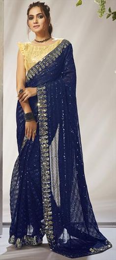 Blue color Saree in Georgette fabric with Embroidered, Sequence, Thread work Blue Sequined Party Wear Saree, Blue Party Wear Saree With Pallu Detail, Blue Party Wear Saree With Pallu, Blue Embellished Saree For Eid, Festive Blue Embellished Saree, Formal Blue Saree, Blue Resham Embroidery Saree For Party, Blue Bollywood Style Embellished Saree, Blue Bollywood Saree With Sequins