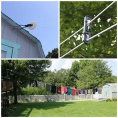 several pictures of clothes hanging on the clothesline and in front of a house with trees