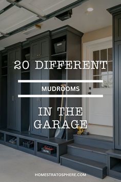 A sleek garage mudroom featuring dark cabinets with integrated storage and a built-in bench for easy organization. Garage Lockers, Laundry/mudroom Ideas, Garage Laundry Rooms, Mudroom Cubbies, Garage Closet