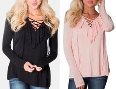 Black or Pink Crisscross V-Neck Ruffle Detail Long Sleeve Top #fashion #style #tops #ruffletop #boutique #womentops #ladylailaboutique Neck Ruffle, Stylish Fashion, Long Sleeve Lace, V Neck Tops, Winter Season, Stretchy Material, Criss Cross, Long Sleeve Top, Ruffles