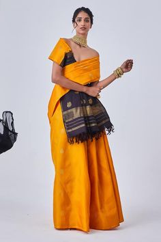 Mustard saree with peacock, stripe woven motifs and tassel border. Comes with unstitched blouse piece. - Aza Fashions Elegant Paithani Silk Pre-draped Saree For Designer Wear, Fitted Paithani Silk Pre-draped Saree, Fitted Pre-draped Paithani Silk Saree In Traditional Drape, Festive Pre-draped Saree With Tilla, Unstitched Saree With Tilla Detailing, Designer Paithani Silk Choli With Traditional Drape, Tilla Pre-draped Saree With Traditional Drape For Puja, Pre-draped Saree With Tilla For Puja, Traditional Drape Pre-draped Saree With Tilla For Puja