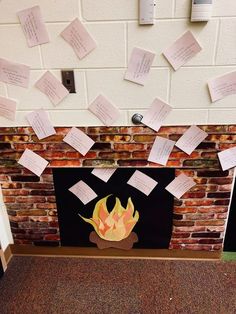 there is a fire place with many notes on it