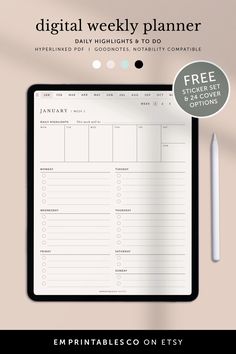 Take control of your schedule and boost your productivity with this digital weekly to-do planner. Featuring a detailed checklist and daily highlights section, this hyperlinked PDF helps you stay organized and on top of your tasks. And with additional note pages and 24 customizable covers to choose from, this planner is the perfect solution for anyone looking to streamline their daily routine and achieve their goals. Goodnotes Weekly Planner, Weekly Dashboard, Weekly Checklist, Project Dashboard, Daily Tracker, Monthly Goal, To Do Checklist, Digital Dashboard, Annual Planner