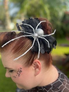 Approx 8 inch silver spider on black lace bow with flower appliqués that have a touch of silver on the edges on a alligator clip. A Alligator, Halloween Clips, Lace Bows, Barrette Clip, Barrettes, Fascinator, Alligator, Black Lace, Hair Accessories