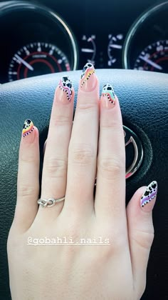 Multi Colored Cow Print Nails, Rainbow Cow Nails, Summer Western Nail Ideas, Almond Country Nails, Summer Cow Print Nails, Country Thunder Nails, Western Easter Nails, Western Almond Shape Nails, Almond Nails Cow Print