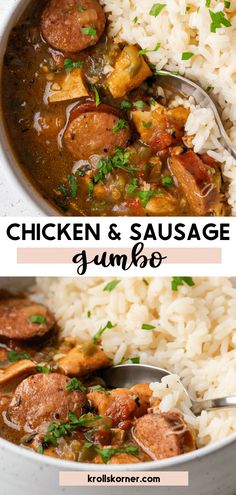 chicken and sausage gumbo in a white bowl with rice