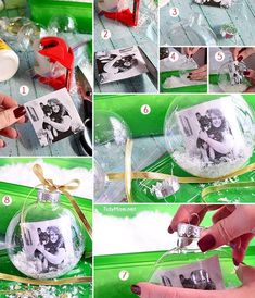 how to make a christmas ornament with photos and ribbon on the top, then put them in an ornament