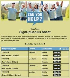 a signup genius sheet with people holding signs in the air and an arrow pointing to them