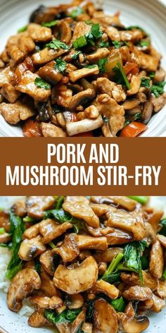 pork and mushroom stir fry on a white plate