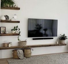 a flat screen tv sitting on top of a wooden shelf next to potted plants