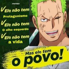 an anime character with green hair and white eyes, in front of a sign that says o povo