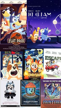 various movie posters with cartoon characters in the same style and font, all on separate layers