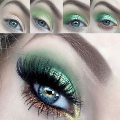 St Patty's Eye Makeup, St Patricks Day Eye Makeup, Mermaid Lips, Green Makeup Tutorial, Holiday Eye Makeup, Eyeshadow Green, Glittery Makeup