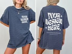 a woman wearing a blue shirt that says your design here on the front and back