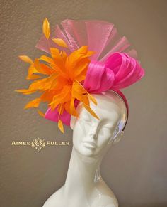 High Tea Orange Large Brim Hat Giant Pink Flower Bridal - Etsy Pink Fascinator For Kentucky Derby With Structured Crown, Pink Kentucky Derby Fascinator With Structured Crown, Pink Structured Crown Fascinator For Kentucky Derby, Pink Structured Crown Headpiece For Kentucky Derby, Pink Whimsical Fascinator For Garden Party, Whimsical Pink Fascinator For Garden Party, Whimsical Pink Headband Fascinator, Pink Structured Crown Headpiece For Races, Pink Headband Costume Hat For Kentucky Derby