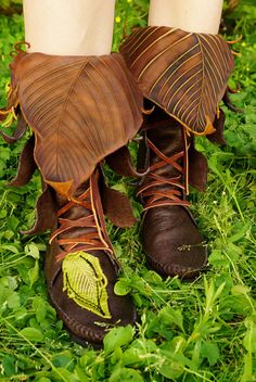 Mid-Calf Evolution Boot / Tall Moccasin Hand by TreadLightGear Leaf Applique, Festival Boots, Ren Fest, Leather Leaf, Moccasin Boots