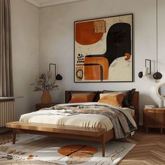 Discover how carefully selected accessories, such as a vintage-inspired wall art piece, a sculptural vase, and a set of retro-style throw pillows, Loft Mid Century Modern, Midmod Bedroom, Mcm Room, Eclectic Bedroom Decor, Mcm Bedroom, Mid Century Modern Bedroom Design, Soft Room, Big Bedroom, Fall Bedroom Ideas