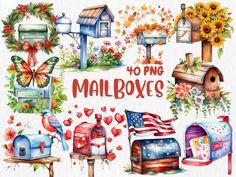 watercolor mailbox clipart set with flowers, hearts, and sunflowers