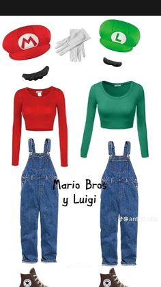 the mario bros costume is shown with overalls and hats on it's head