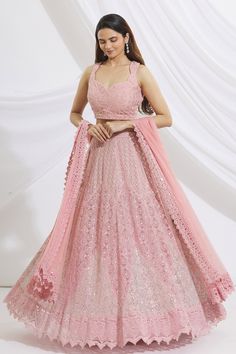 Embroidered pink chikankari lehenga set for women Blush Pink Lehenga, Haldi Dress Ideas, Lehenga Simple, Pink Blouse Designs, Hair Style On Saree, Simple Lehenga, Latest Bridal Lehenga, Half Saree Lehenga