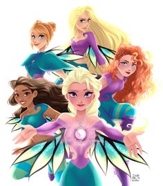 the disney princesses are all dressed up in their favorite outfits and hair colors, but they